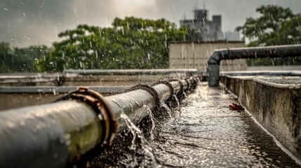 Rainwater Flowing Through Rooftop Pipes During a Downpour