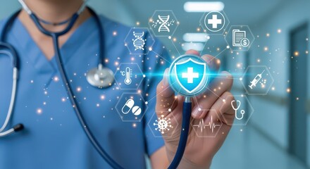 Female doctor using digital interface for healthcare and medical technology with health icons in hospital environment.