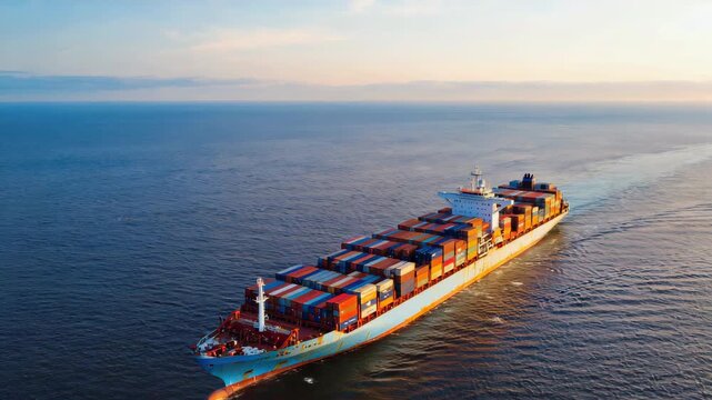 Large container cargo ship sailing across open sea at golden hour, carrying colorful shipping containers, aerial view of international freight transportation and global maritime trade route in sunset 