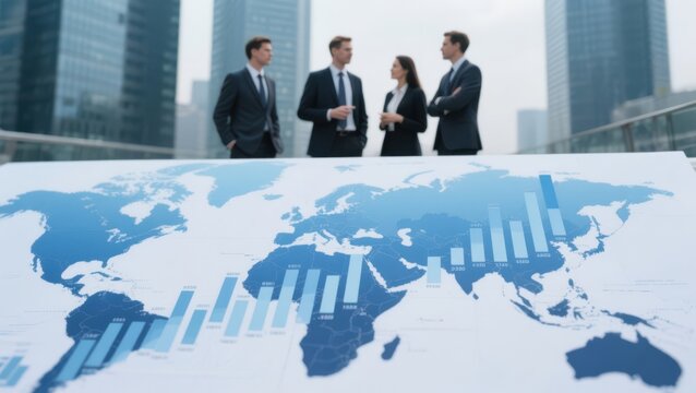 Business team discussing global financial growth with world map and bar chart in modern city background.