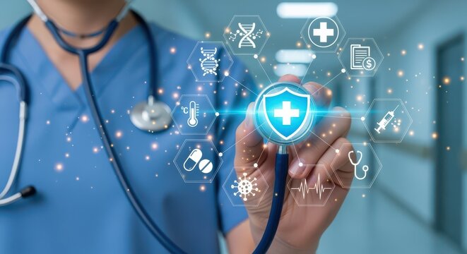 Female doctor using digital interface for healthcare and medical technology with health icons in hospital environment. - Powered by Adobe