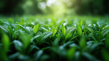 Lush green tea leaves growing in a serene garden nature photography close-up view vibrant environment