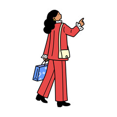 Illustration of a woman pointing upward. Fashionable person enjoying shopping.