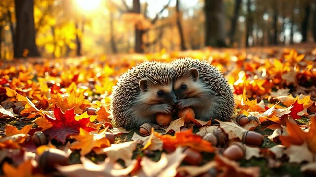 Two cute hedgehogs curled up on yellow leaves in autumn forest, wild animals concept, nature