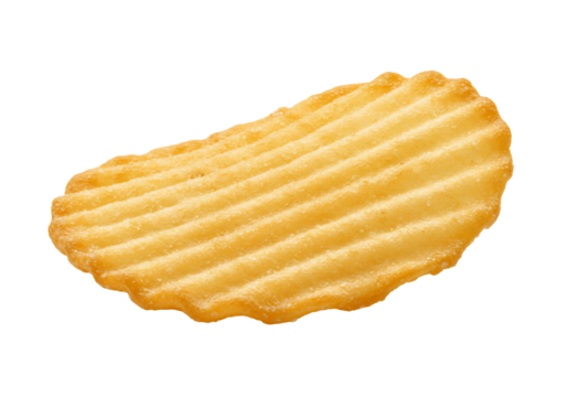 Single ridged potato chip close up transparent background golden snack food