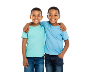 Two young boy posing side by side showing a friendship isolated on transparent background.