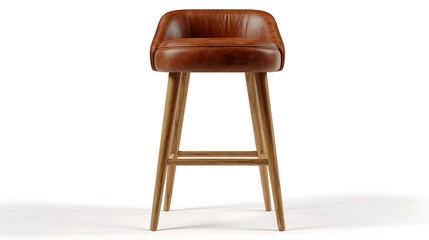 Brown Leather Bar Stool with Light Wood Legs on White Background furniture seating