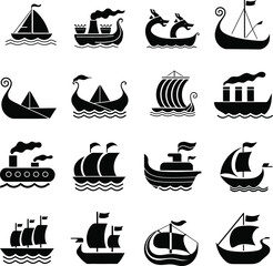  Silhouette Sailing and Steamboat Icons Vector Set