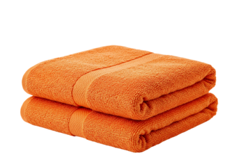 Stack of soft orange cotton towels transparent background clean minimalist composition