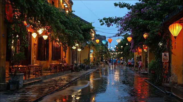 Lantern-lit streets of Hoi An, Vietnam, at dusk glow with warm colors, casting a magical charm over the ancient town.
