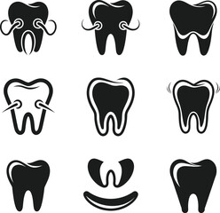 Dental Care Tooth Icons  Set , Black Silhouette Vector illustration