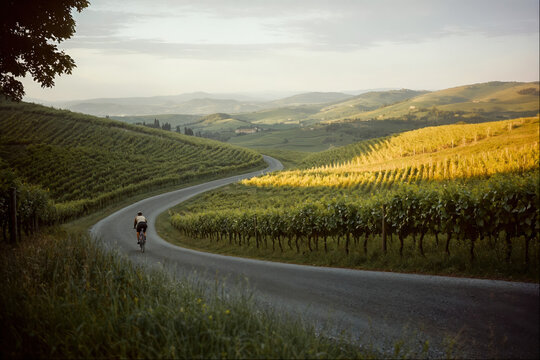 Cyclist on the road through a vineyard in tuscany