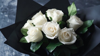 Elegant Bouquet of White Roses in Black Wrapping