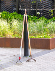 Gardening Tools in Urban Garden Setting