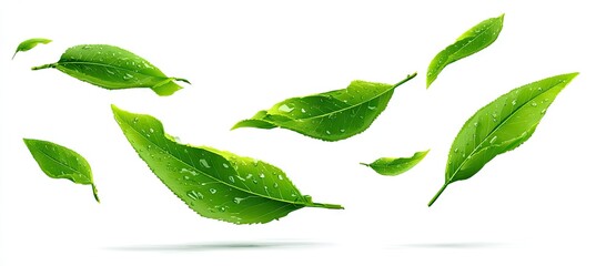 Vibrant green leaves, glistening with dew, float gracefully against a stark white background, suggesting freshness and vitality