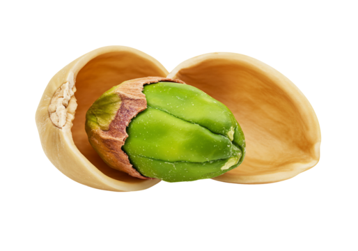  of fresh green pistachio nut with shell open overhead still life macro detailed against transparent background