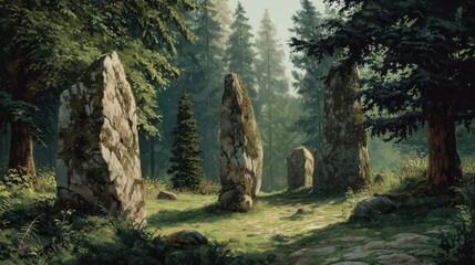 Ancient Sacred Grove with Standing Stones in Enchanted Forest