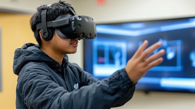 A student using AI-powered VR to simulate a lab experiment, blending real-world education with virtual tools.
