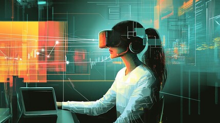 A virtual assistant helping a professional through their workday, vector art illustrating fluid connections between devices and tasks.