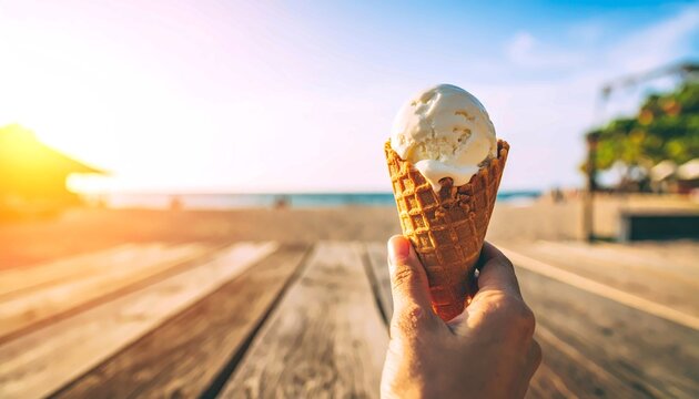 A hand holding a single scoop of white vanilla ice cream in a waffle cone, against a vibrant beach sunset with a sun flare and ocean waves in the background, writing space - Powered by Adobe