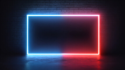 Neon Light Frame Shining Against Brick Wall for Modern Design and Futuristic Backgrounds with Blue and Red Hues