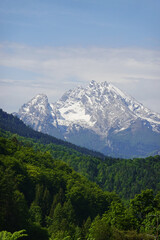 The panorama of Watzmann mountain opening from Untersberg, the Bavarian Alps, Germany
