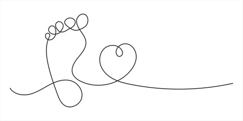Continuous one line art drawing of human footprint vector, One continuous line drawing of bare foot and footprint. Elegance female feet in simple linear style. Concept of Wellness massage and care.