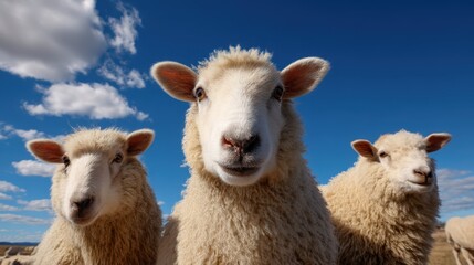 Fototapeta premium Happy Sheep Under a Bright Blue Sky with Fluffy White Clouds