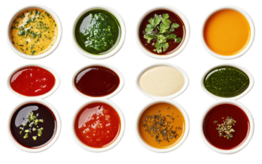 Bowls with various types of sauc on transparent background, png