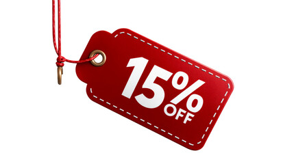 Red price tag with 15 percent off sale announcement