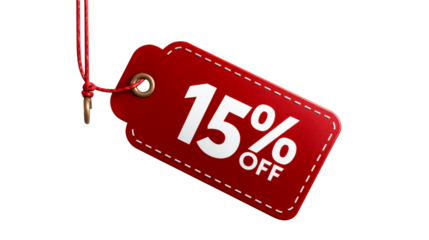 Red price tag with 15 percent off sale announcement