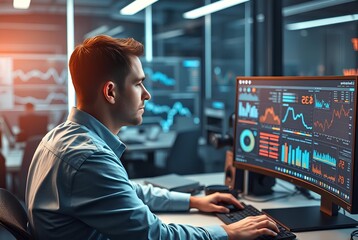 Fototapeta premium Male stock broker trading online watching charts and data analyses on multiple computer screens