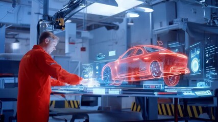 Young engineer in red uniform works with holographic car model on interactive display in high-tech laboratory. Wireframe red vehicle projection demonstrates advanced automotive design technology - Powered by Adobe