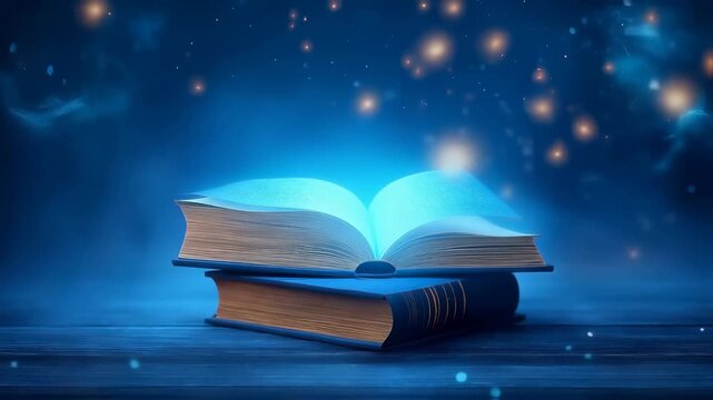Open hardcover book emitting blue luminescent light, floating pages against blurred bokeh background, symbolizing knowledge and storytelling