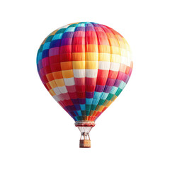 A vibrant hot air balloon, multicolored panels creating a checkered pattern, floats against a dark background