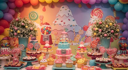 Naklejka premium Colorful, playful scene features sweets, lollipops, gumball machines, and a balloon arch. Works for a candy shop poster, child's birthday party, or event branding.