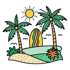 Obraz premium Tropical Beach Paradise with Palm Trees, Surfboard, and Sunny Sky - Vibrant Summer Vacation Illustration