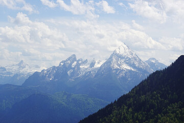 The panorama of Watzmann mountain opening from Untersberg, the Bavarian Alps, Germany