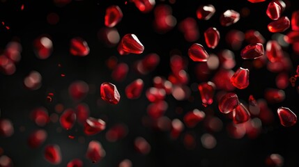 Ripe red pomegranate grains flying at the camera on a black background