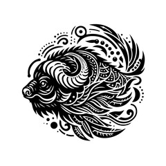 Ram head with decorative patterns isolated on white background