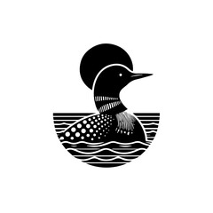 Loon on the lake with moon isolated on white background in minimalist style