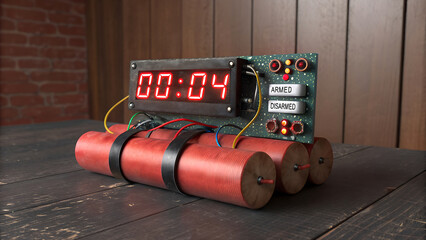 A dynamite bomb with a timer counting down to zero on a wooden table
