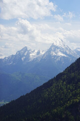 The panorama of Watzmann mountain opening from Untersberg, the Bavarian Alps, Germany