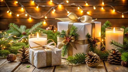 Photo of festive christmas gifts with glowing candles and twinkling lights on a rustic wooden table, evoking a warm and cozy holiday atmosphere
