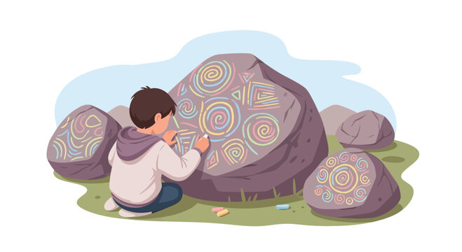A boy is drawing on rocks with chalk to express his creativity and imagination during the summer vacation - Powered by Adobe