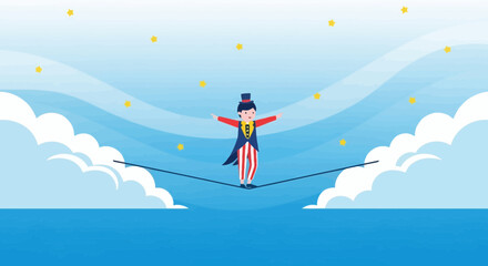 A brave circus performer balances on a tightrope against a dreamy sky background with stars