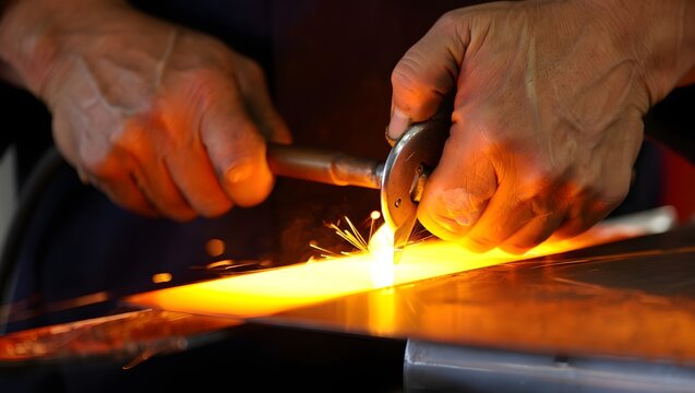Close up of a blacksmith s hands working with hot metal and sparks - Powered by Adobe