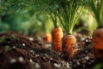 Vibrant orange carrots emerging from dark, fertile soil, their feathery green tops reaching towards sunlight in a garden setting
