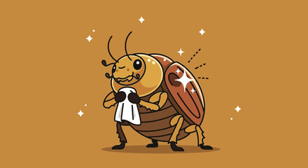 A cartoon cockroach polishing its shell with a cloth, showing a clean and shiny surface with stars, humorous and appealing character design
