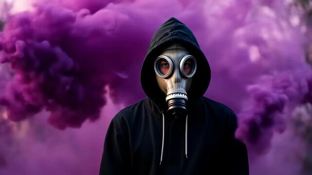 Person in gas mask surrounded by purple smoke and fog.